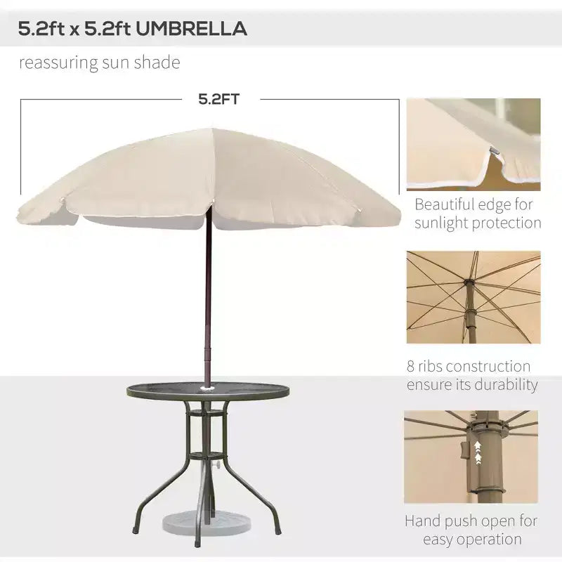 Ensemble de salle à manger de patio 6 pièces pour 4 avec parasol, table et chaises d'extérieur avec 4 chaises pliantes et table ronde en verre