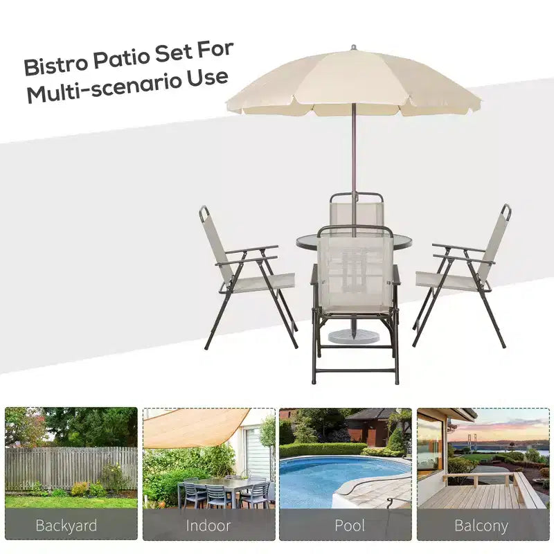 Ensemble de salle à manger de patio 6 pièces pour 4 avec parasol, table et chaises d'extérieur avec 4 chaises pliantes et table ronde en verre