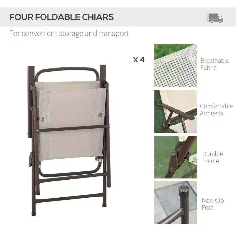 Ensemble de salle à manger de patio 6 pièces pour 4 avec parasol, table et chaises d'extérieur avec 4 chaises pliantes et table ronde en verre