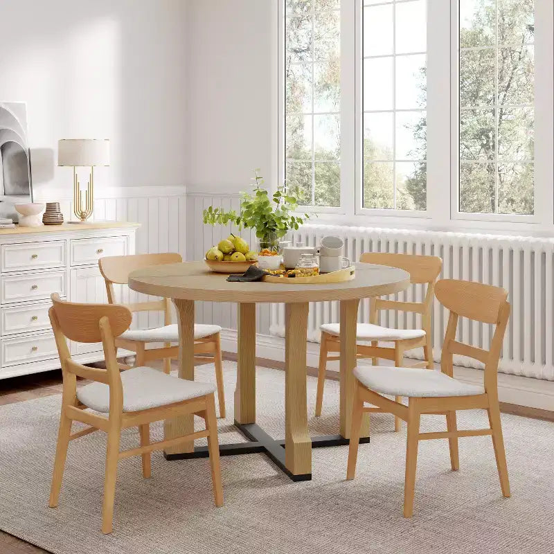 Christopher Knight Home Dara Modern 5 Piece Rubberwood Dining Set with Round Table and Upholstered Chairs