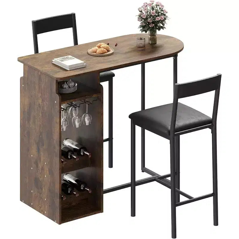 Garvee Bar Table and Chairs for 2, Modern Dining Set with Double Wine Rack, Glass Holder, PU Seats, Brown Table for Dining Room & Office