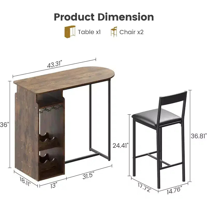Table de bar et chaises Garvee pour 2, ensemble de salle à manger moderne avec double porte-bouteilles, porte-verres, sièges en PU, table marron pour salle à manger et bureau