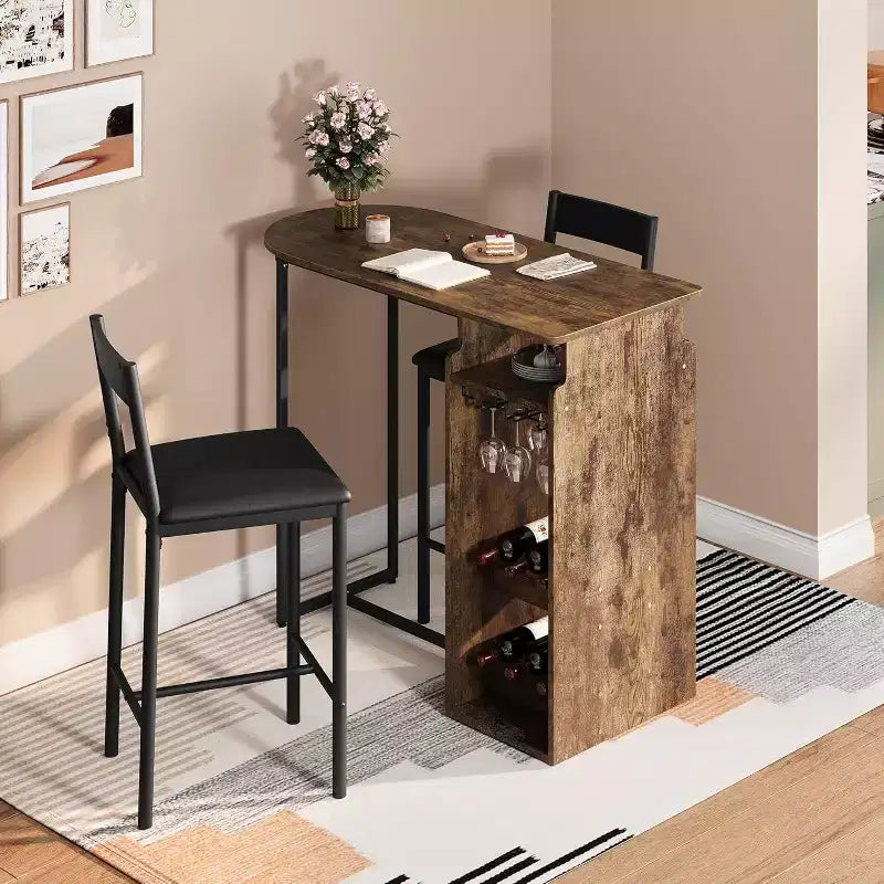 Table de bar et chaises Garvee pour 2, ensemble de salle à manger moderne avec double porte-bouteilles, porte-verres, sièges en PU, table marron pour salle à manger et bureau
