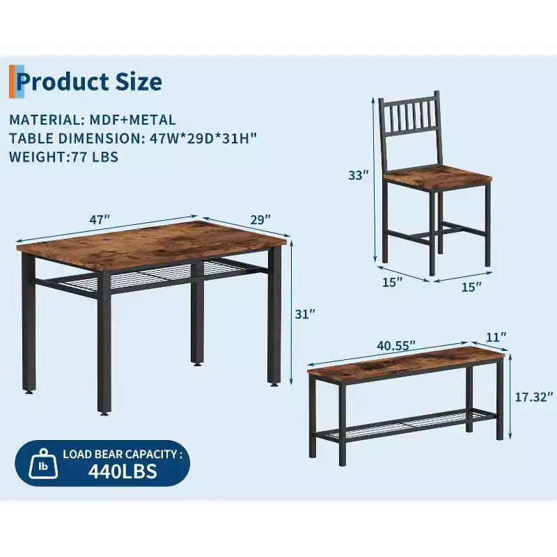Ensemble table de cuisine 4 pièces pour petit espace - Moderne - 2 chaises, 1 banc, 1 table, ensemble de salle à manger rectangulaire de 120 cm avec banc de rangement