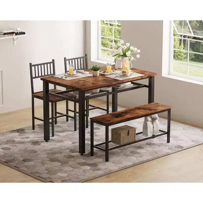 Ensemble table de cuisine 4 pièces pour petit espace - Moderne - 2 chaises, 1 banc, 1 table, ensemble de salle à manger rectangulaire de 120 cm avec banc de rangement