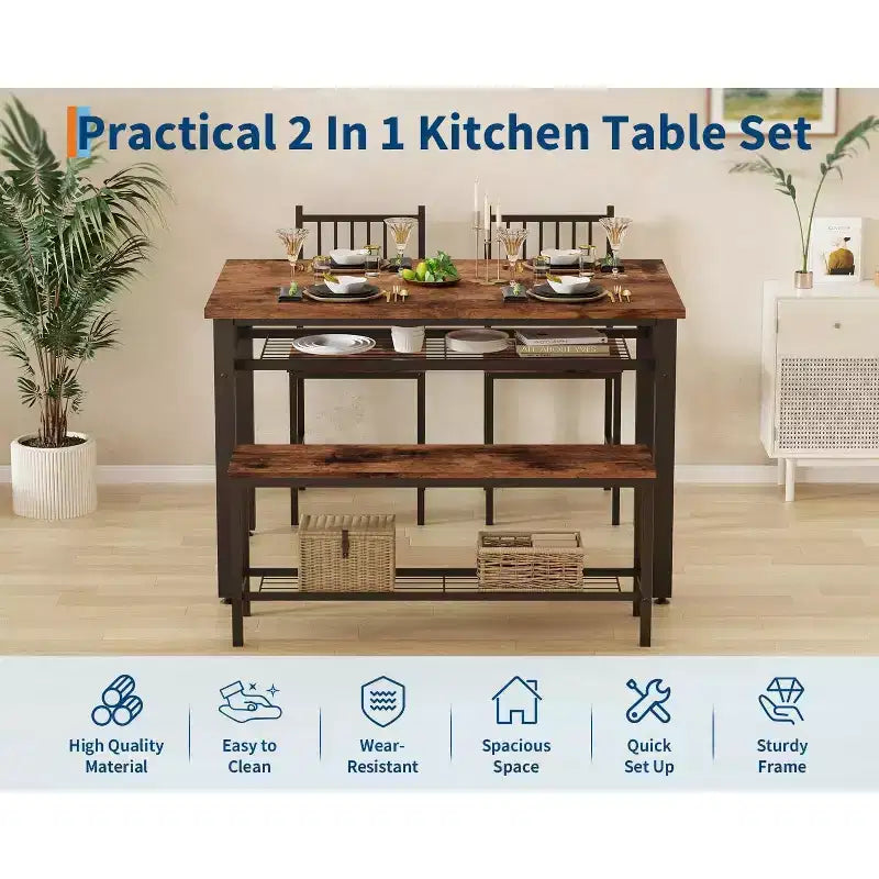 Ensemble table de cuisine 4 pièces pour petit espace - Moderne - 2 chaises, 1 banc, 1 table, ensemble de salle à manger rectangulaire de 120 cm avec banc de rangement