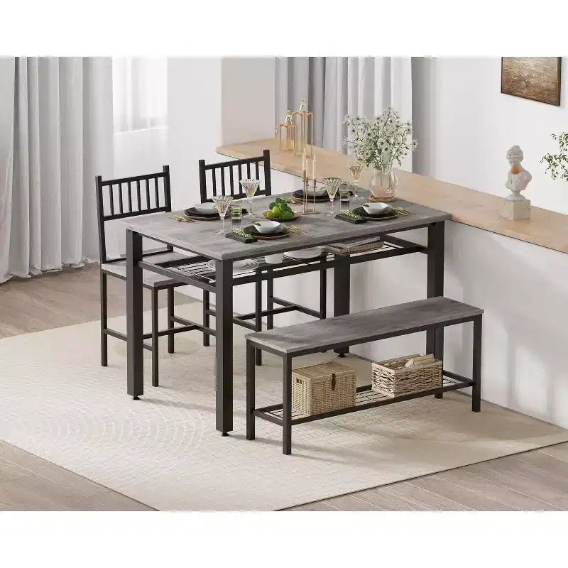 Ensemble table de cuisine 4 pièces pour petit espace - Moderne - 2 chaises, 1 banc, 1 table, ensemble de salle à manger rectangulaire de 120 cm avec banc de rangement