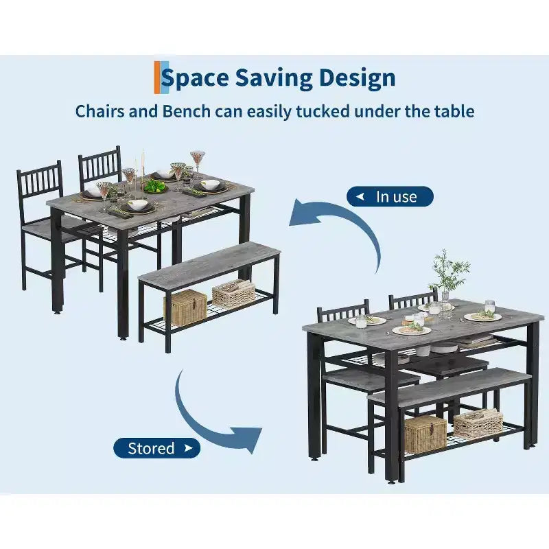 Ensemble table de cuisine 4 pièces pour petit espace - Moderne - 2 chaises, 1 banc, 1 table, ensemble de salle à manger rectangulaire de 120 cm avec banc de rangement
