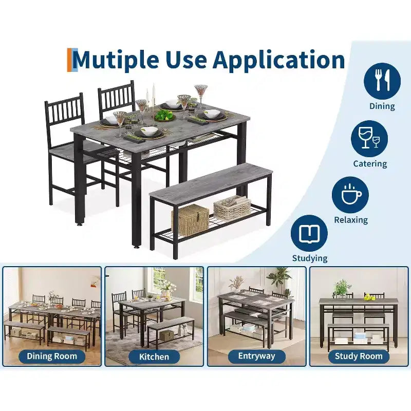 Ensemble table de cuisine 4 pièces pour petit espace - Moderne - 2 chaises, 1 banc, 1 table, ensemble de salle à manger rectangulaire de 120 cm avec banc de rangement