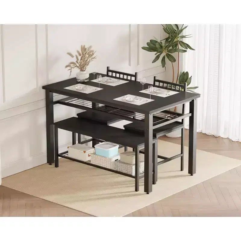 Ensemble table de cuisine 4 pièces pour petit espace - Moderne - 2 chaises, 1 banc, 1 table, ensemble de salle à manger rectangulaire de 120 cm avec banc de rangement