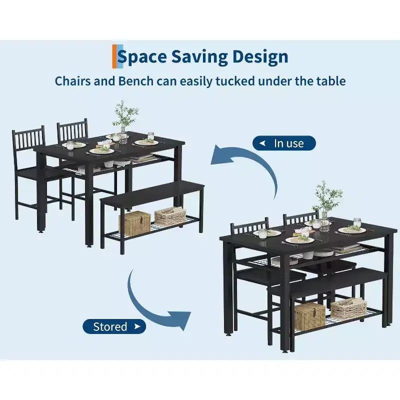 Ensemble table de cuisine 4 pièces pour petit espace - Moderne - 2 chaises, 1 banc, 1 table, ensemble de salle à manger rectangulaire de 120 cm avec banc de rangement