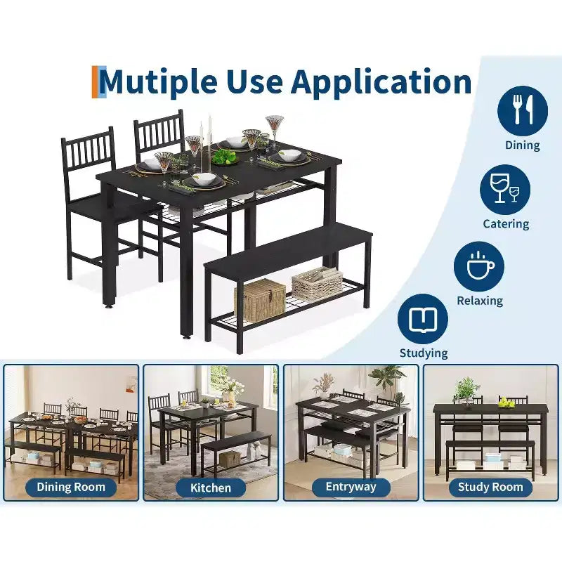 Ensemble table de cuisine 4 pièces pour petit espace - Moderne - 2 chaises, 1 banc, 1 table, ensemble de salle à manger rectangulaire de 120 cm avec banc de rangement