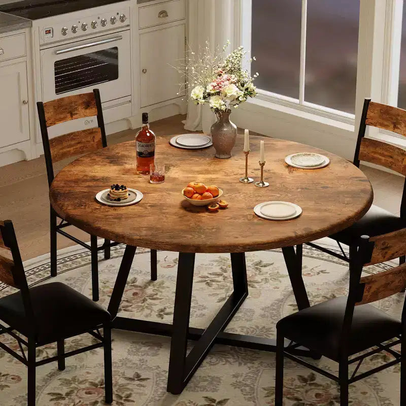 Ensemble Table et Chaises de Salle à Manger Rond pour 4 Personnes, Table de Cuisine et Chaises Circulaires en Bois 5 Pièces pour 4, avec 4 Chaises Rembourrées, Cadre Épais et Robuste