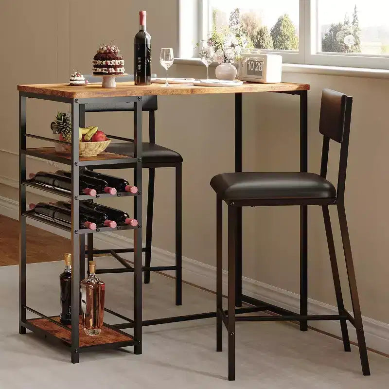 Ensemble table de salle à manger et 2 chaises, table de bar haute et chaises, étagères de rangement ouvertes, porte-gobelet et casier à vin intégrés, pour petites cuisines et appartements