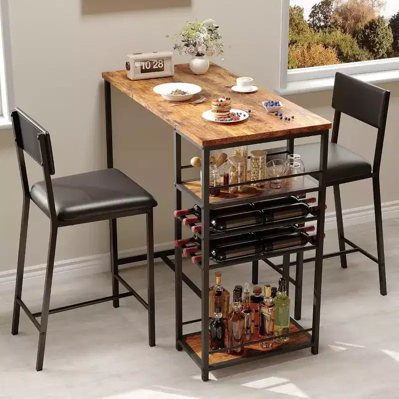 Ensemble table de salle à manger et 2 chaises, table de bar haute et chaises, étagères de rangement ouvertes, porte-gobelet et casier à vin intégrés, pour petites cuisines et appartements