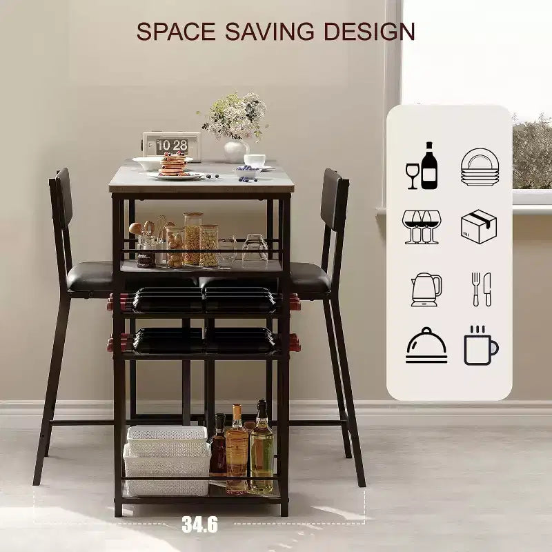 Ensemble table de salle à manger et 2 chaises, table de bar haute et chaises, étagères de rangement ouvertes, porte-gobelet et casier à vin intégrés, pour petites cuisines et appartements