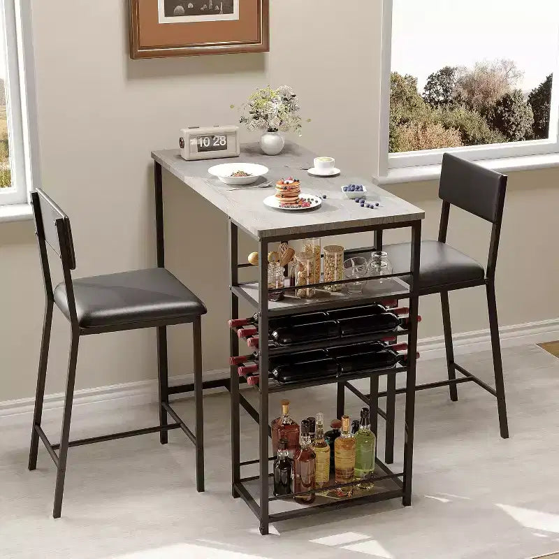 Ensemble table de salle à manger et 2 chaises, table de bar haute et chaises, étagères de rangement ouvertes, porte-gobelet et casier à vin intégrés, pour petites cuisines et appartements