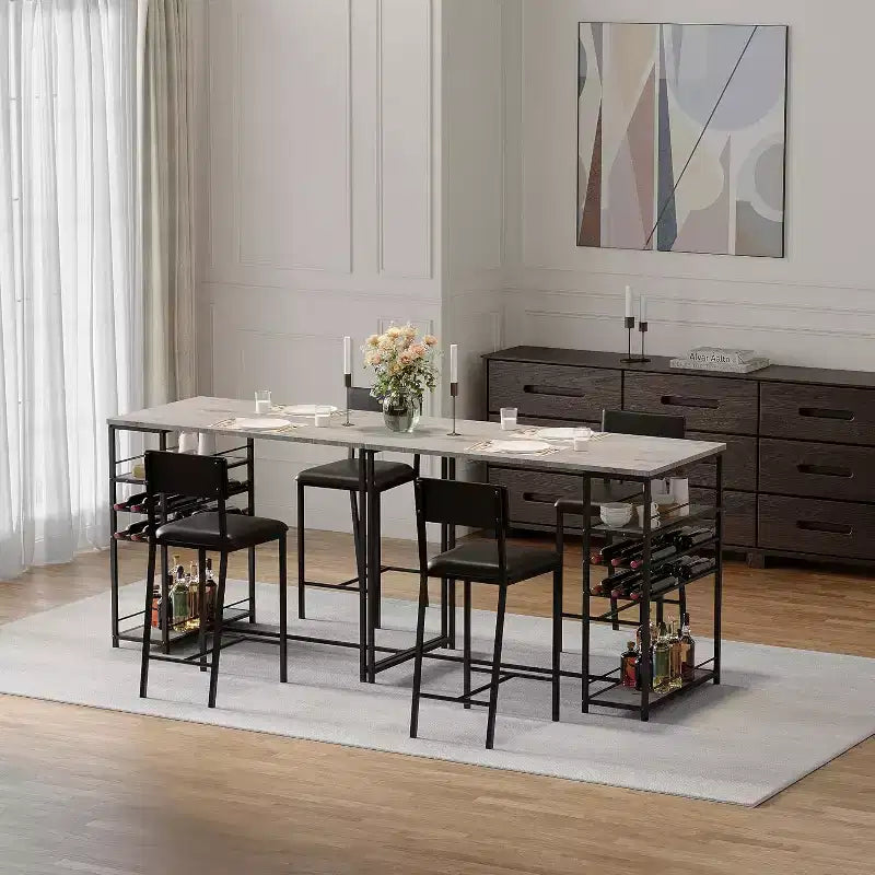 Ensemble table de salle à manger et 2 chaises, table de bar haute et chaises, étagères de rangement ouvertes, porte-gobelet et casier à vin intégrés, pour petites cuisines et appartements