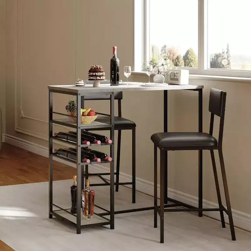 Ensemble table de salle à manger et 2 chaises, table de bar haute et chaises, étagères de rangement ouvertes, porte-gobelet et casier à vin intégrés, pour petites cuisines et appartements