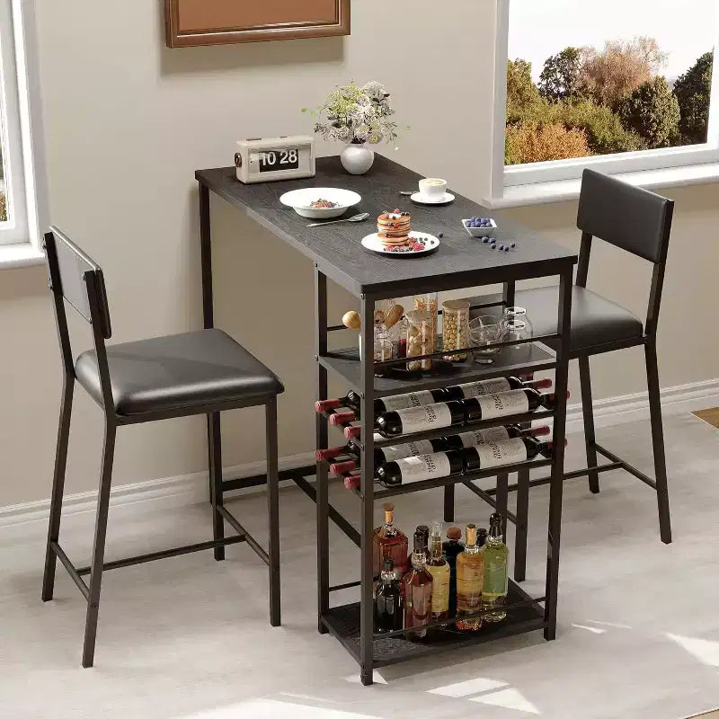 Ensemble table de salle à manger et 2 chaises, table de bar haute et chaises, étagères de rangement ouvertes, porte-gobelet et casier à vin intégrés, pour petites cuisines et appartements