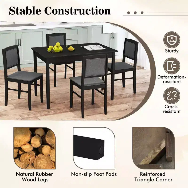 Costway Ensemble table à manger 5 pièces pour 4 personnes avec pieds en bois d'hévéa, siège rembourré et dossier capitonné