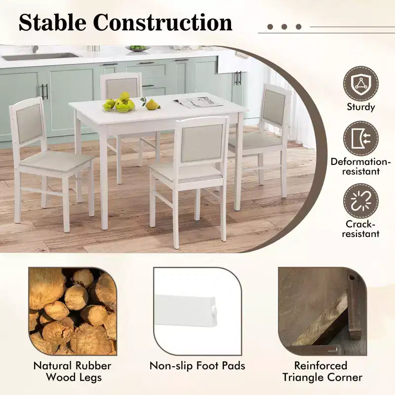 Costway Ensemble table à manger 5 pièces pour 4 personnes avec pieds en bois d'hévéa, siège rembourré et dossier capitonné