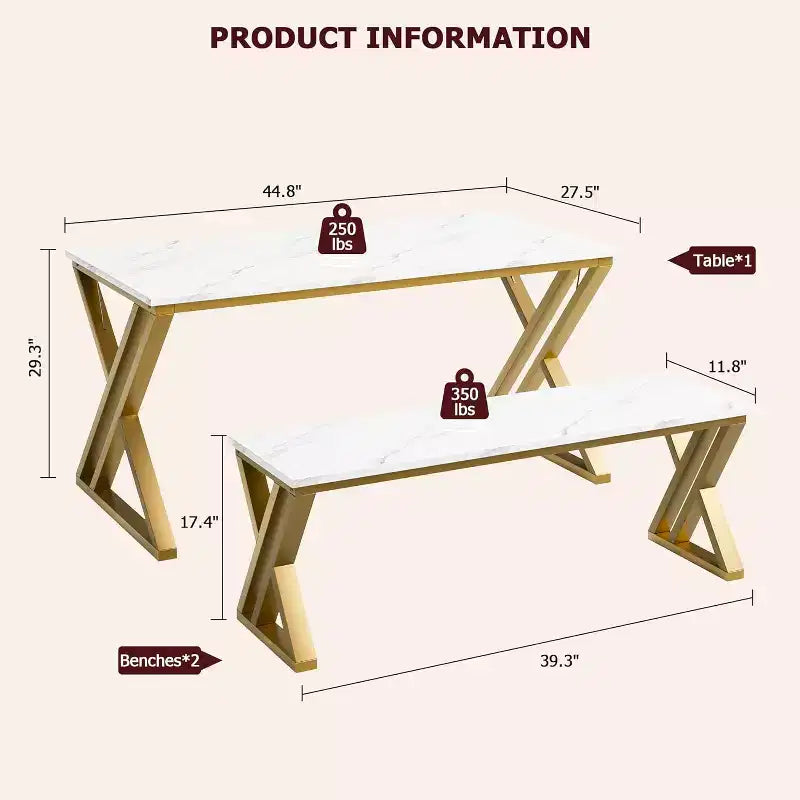 Ensemble repas 4 personnes : table rectangulaire effet marbre et 2 bancs avec cadre en métal – Gain de place pour cuisine, salle à manger et appartement.