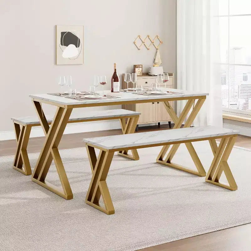 Ensemble repas 4 personnes : table rectangulaire effet marbre et 2 bancs avec cadre en métal – Gain de place pour cuisine, salle à manger et appartement.