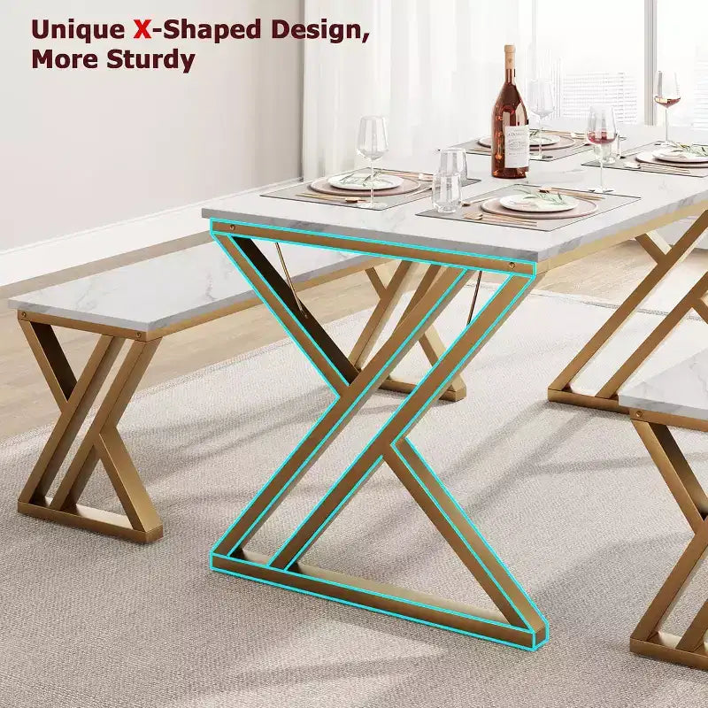 Ensemble repas 4 personnes : table rectangulaire effet marbre et 2 bancs avec cadre en métal – Gain de place pour cuisine, salle à manger et appartement.