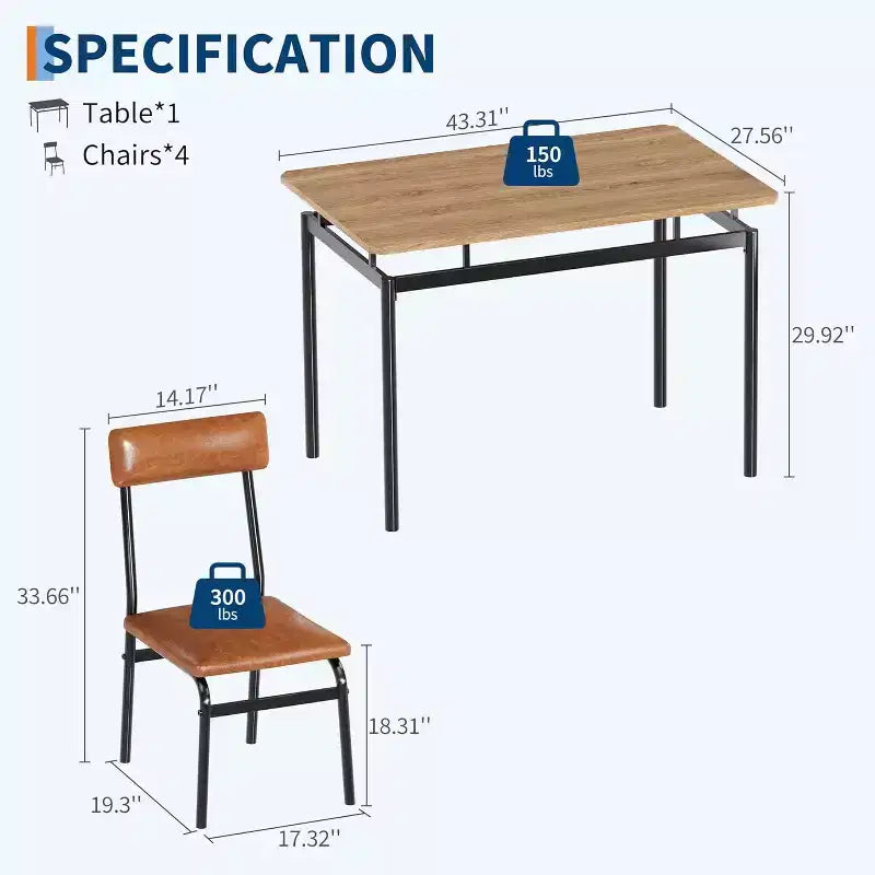 Ensemble de salle à manger 5 pièces, ensemble de table de cuisine en bois avec 4 chaises rembourrées en PU, ensemble de dînette avec cadre en métal industriel