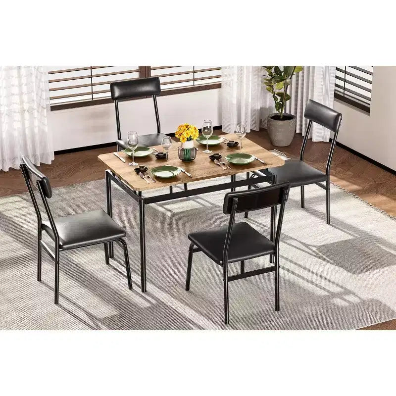 Ensemble de salle à manger 5 pièces, ensemble de table de cuisine en bois avec 4 chaises rembourrées en PU, ensemble de dînette avec cadre en métal industriel