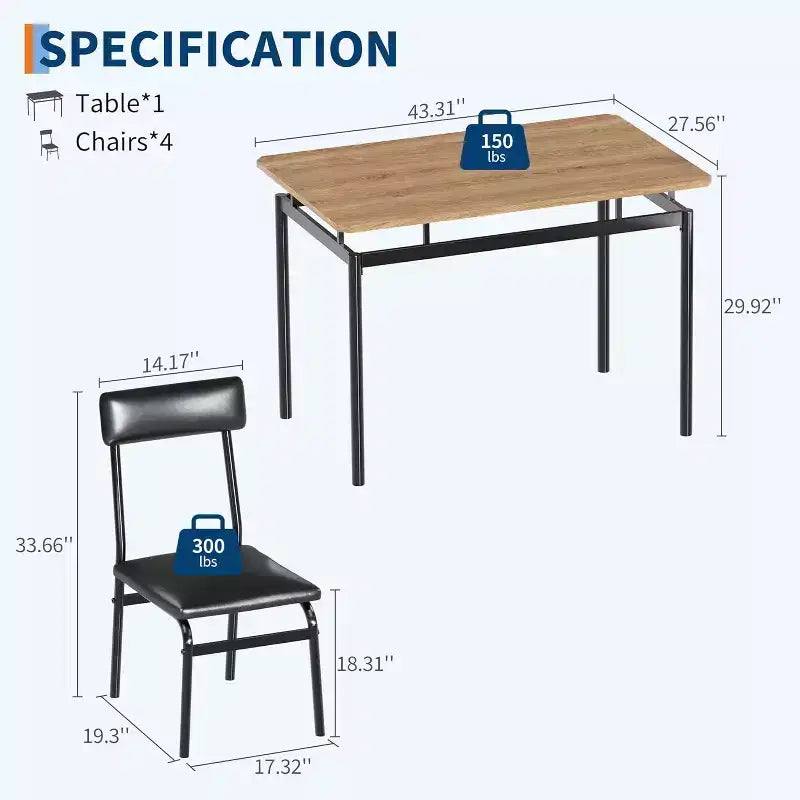 Acekool - Ensemble table de salle à manger 5 pièces, table à grain de bois brun, peu encombrant, pour cuisine