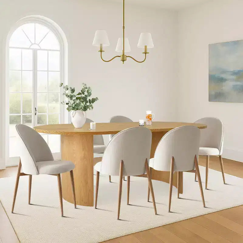 7-Piece Oval Dining Set, 6 Upholstered Curved Back Chairs and 79 Wood-Look Table for Modern Kitchen or Dining Room-Panipeachy