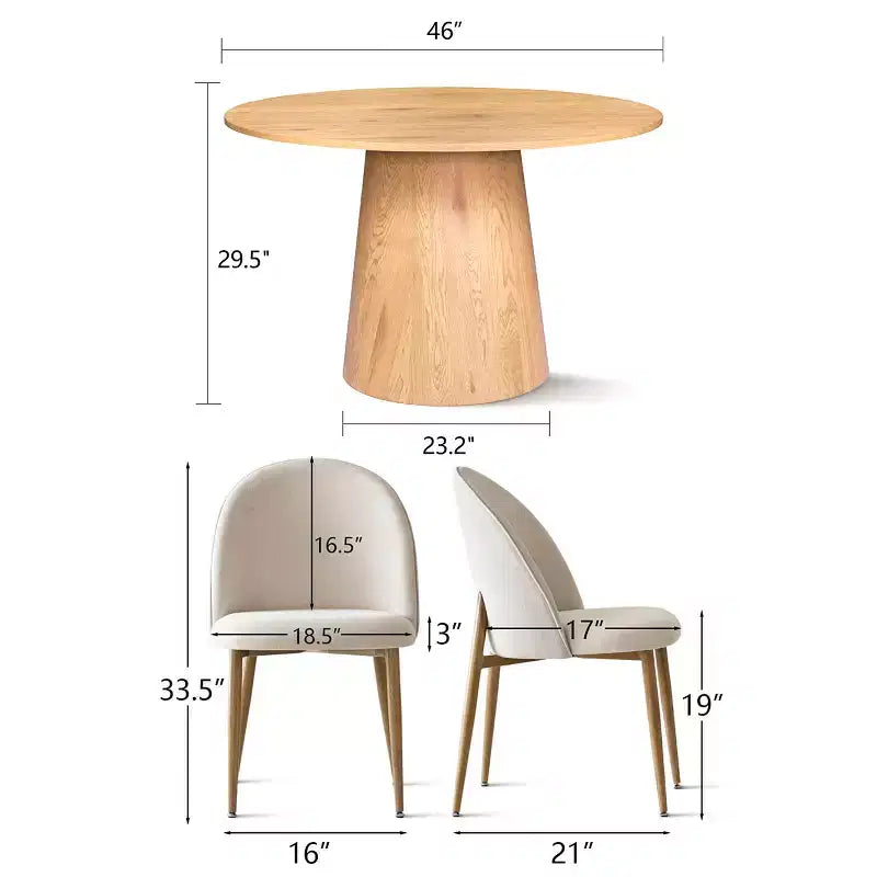 Ensemble de salle à manger 5 pièces en chêne, table ronde à pied central de 46 pouces et 4 chaises rembourrées avec pieds en métal imitation chêne pour cuisine ou salle à manger - Panipeachy