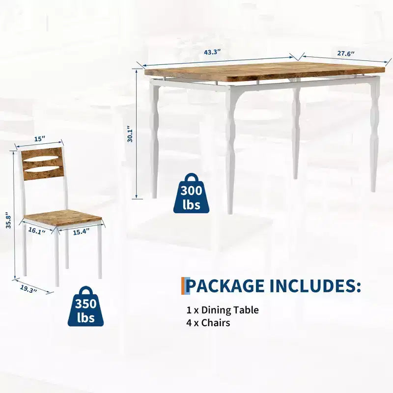 Ensemble de salle à manger 5 pièces COZONY, table et chaises de cuisine industrielles pour 4 personnes, design moderne rustique avec pieds en métal, compact et peu encombrant