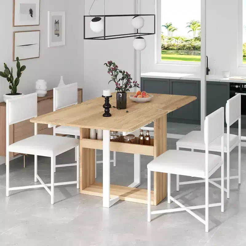 Ensemble de table à manger 5 pièces, table de cuisine moderne et compacte extensible de 80 à 160 cm avec étagère de rangement et 4 chaises de salle à manger rembourrées pour petits espaces