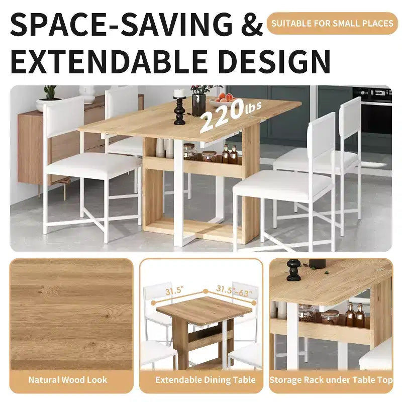Ensemble de table à manger 5 pièces, table de cuisine moderne et compacte extensible de 80 à 160 cm avec étagère de rangement et 4 chaises de salle à manger rembourrées pour petits espaces