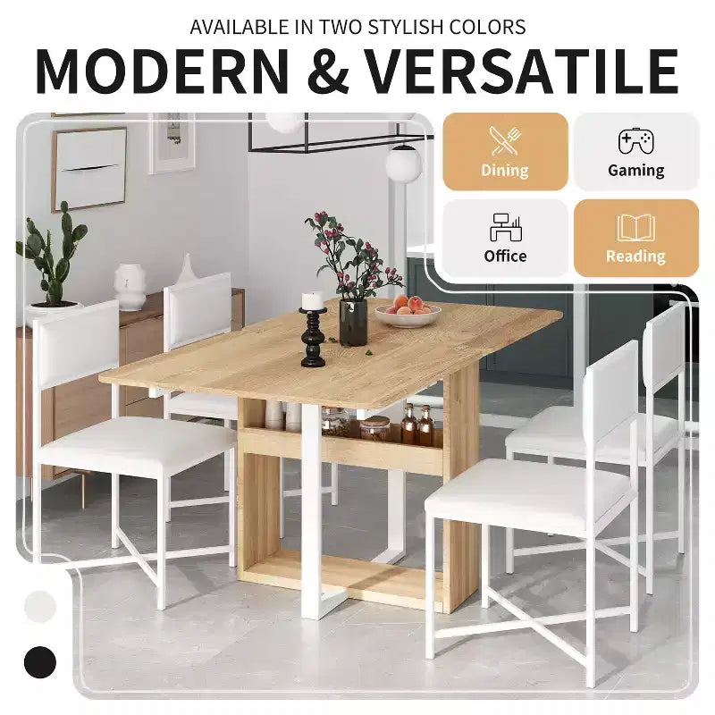 Ensemble de table à manger 5 pièces, table de cuisine moderne et compacte extensible de 80 à 160 cm avec étagère de rangement et 4 chaises de salle à manger rembourrées pour petits espaces