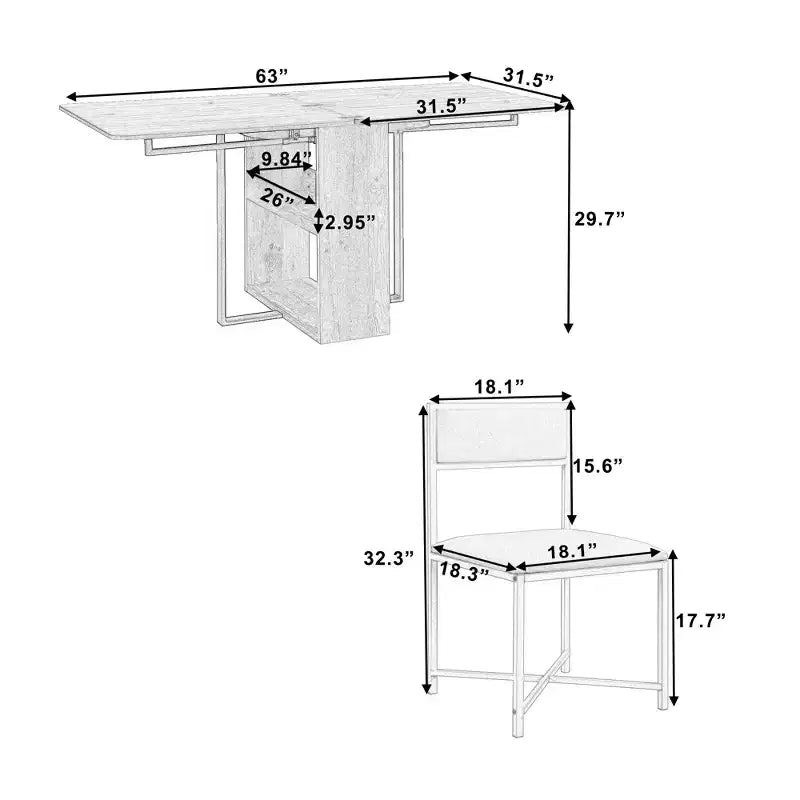 Ensemble de table à manger 5 pièces, table de cuisine moderne et compacte extensible de 80 à 160 cm avec étagère de rangement et 4 chaises de salle à manger rembourrées pour petits espaces