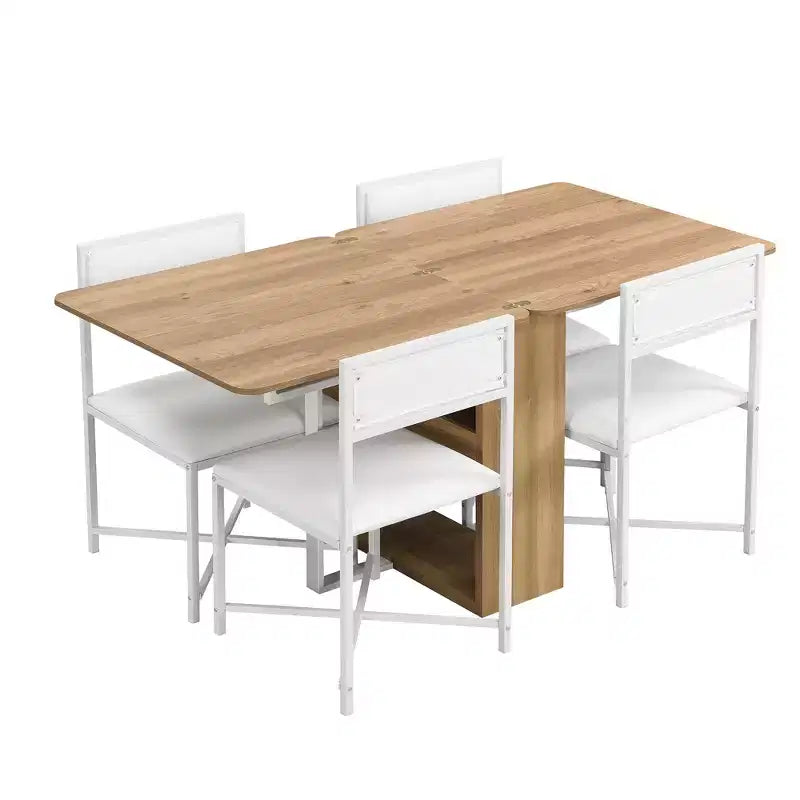 Ensemble de table à manger 5 pièces, table de cuisine moderne et compacte extensible de 80 à 160 cm avec étagère de rangement et 4 chaises de salle à manger rembourrées pour petits espaces