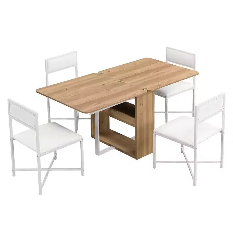 Ensemble de table à manger 5 pièces, table de cuisine moderne et compacte extensible de 80 à 160 cm avec étagère de rangement et 4 chaises de salle à manger rembourrées pour petits espaces