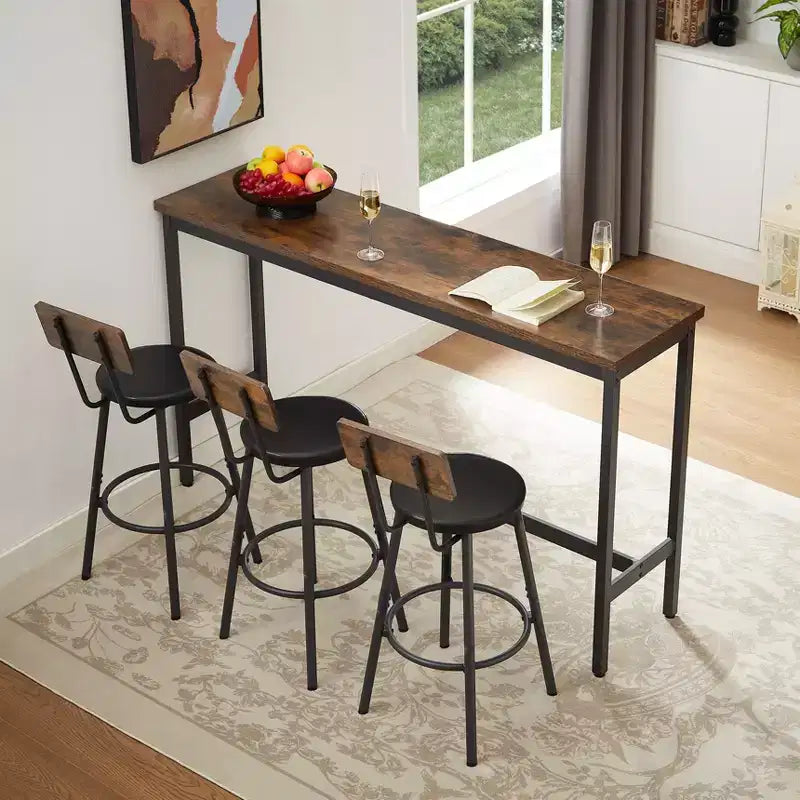 JVNOXK Ensemble table de bar et chaises de 160 cm, comprend 3 tabourets de bar rembourrés en PU, style industriel, convient aux salons, marron foncé