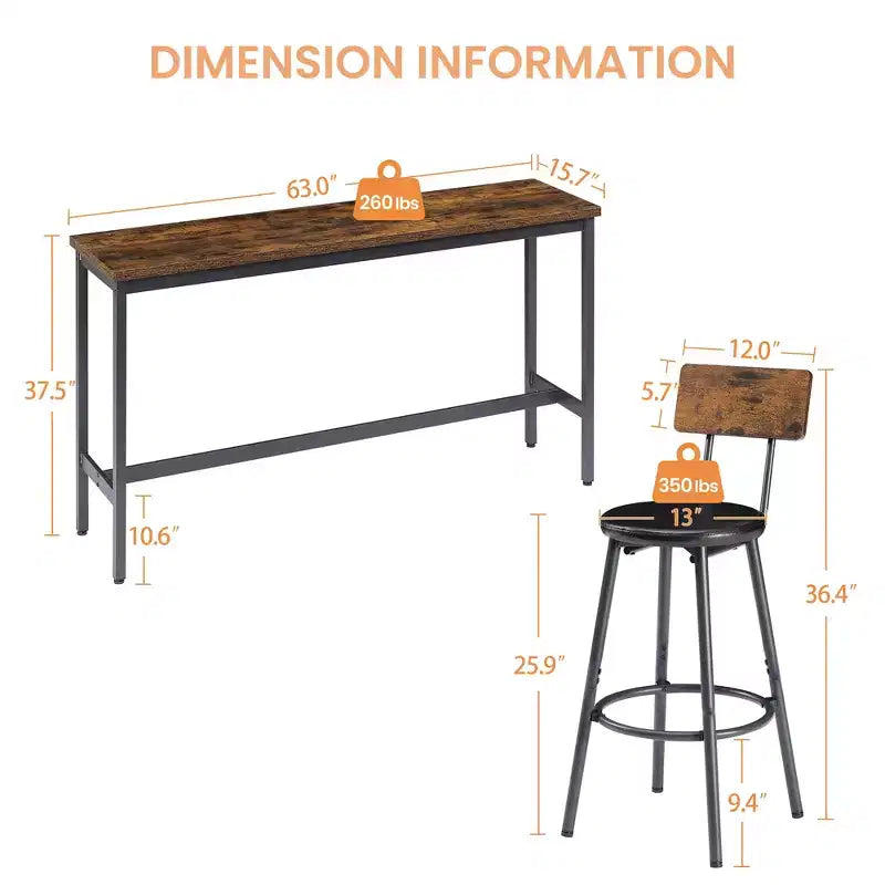 JVNOXK Ensemble table de bar et chaises de 160 cm, comprend 3 tabourets de bar rembourrés en PU, style industriel, convient aux salons, marron foncé