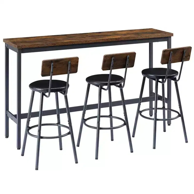 JVNOXK Ensemble table de bar et chaises de 160 cm, comprend 3 tabourets de bar rembourrés en PU, style industriel, convient aux salons, marron foncé