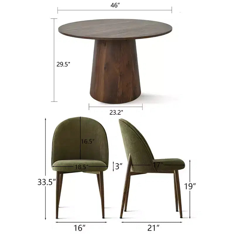 Ensemble de salle à manger rond 5 pièces, table à pied central de 46 po ton noyer et chaises rembourrées sans accoudoirs, pour coins-repas-Panipeachy
