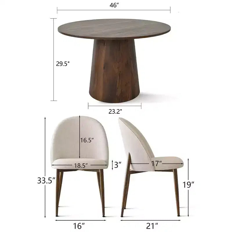 Ensemble de salle à manger rond 5 pièces, table à pied central de 46 po ton noyer et chaises rembourrées sans accoudoirs, pour coins-repas-Panipeachy