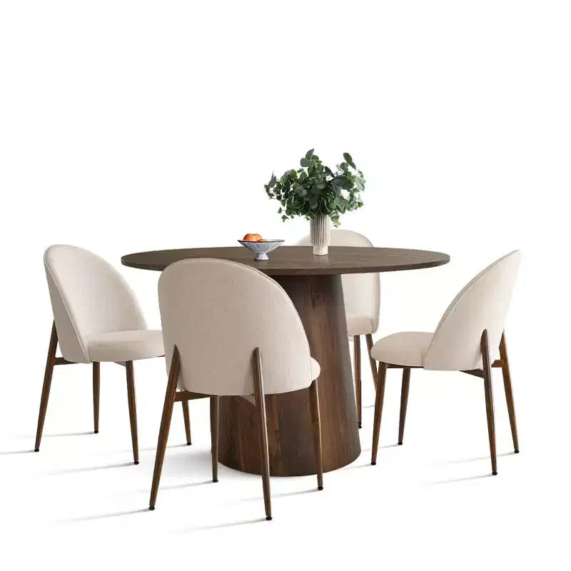 Ensemble de salle à manger rond 5 pièces, table à pied central de 46 po ton noyer et chaises rembourrées sans accoudoirs, pour coins-repas-Panipeachy
