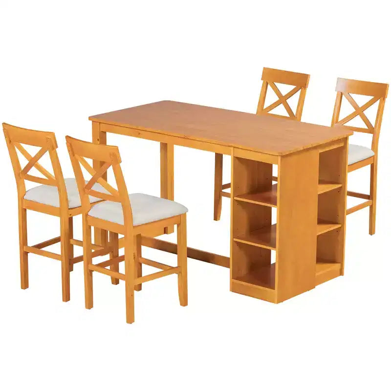 Ensemble de salle à manger 5 pièces hauteur comptoir de style ferme pour 4, ensemble table de bar en bois avec étagères de rangement et 4 chaises rembourrées