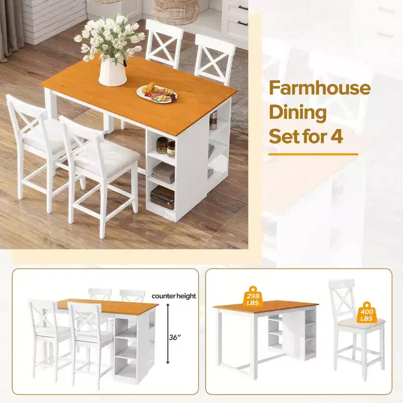 Ensemble de salle à manger 5 pièces hauteur comptoir de style ferme pour 4, ensemble table de bar en bois avec étagères de rangement et 4 chaises rembourrées
