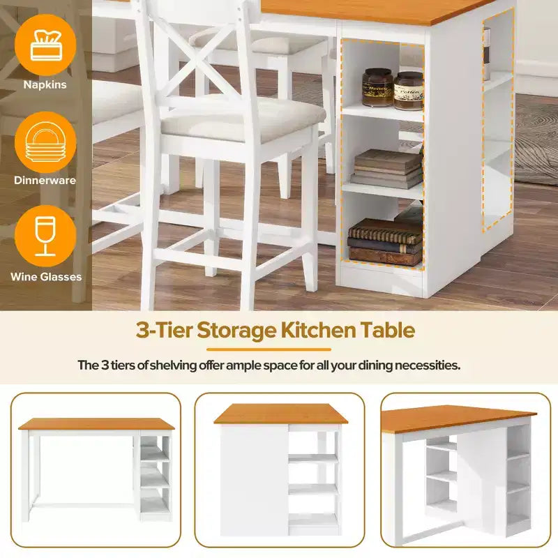 Ensemble de salle à manger 5 pièces hauteur comptoir de style ferme pour 4, ensemble table de bar en bois avec étagères de rangement et 4 chaises rembourrées